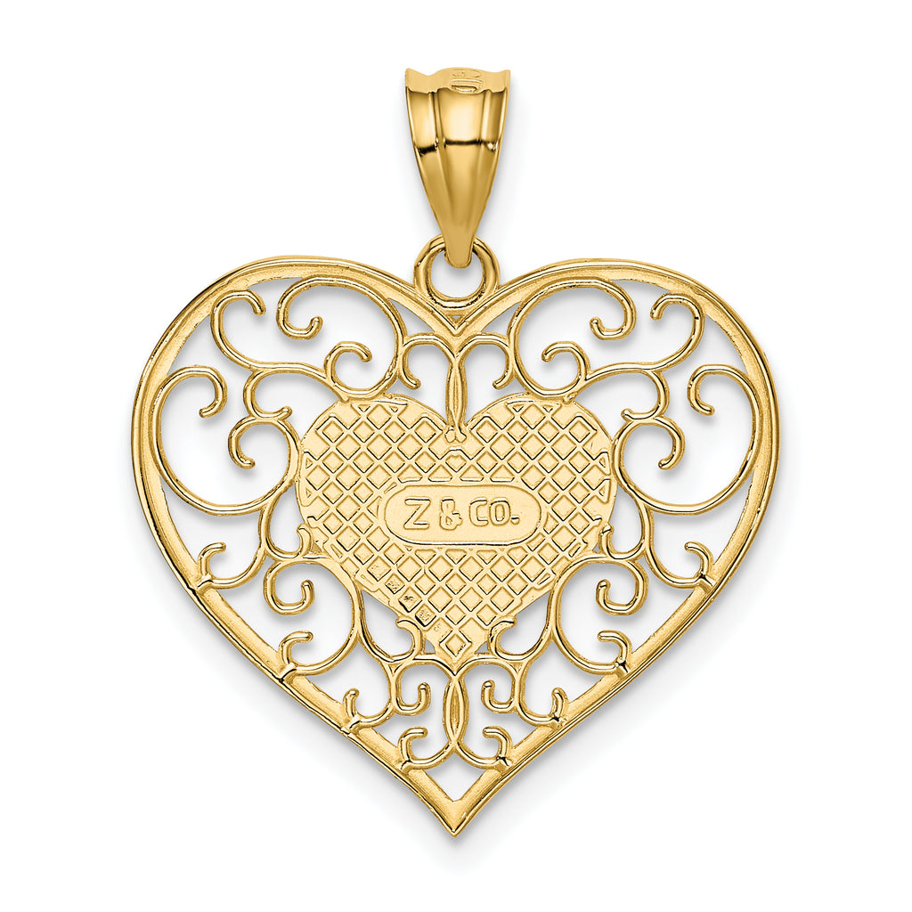 14K Gold Polished Filigree Heart Pendant with Textured Back