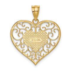 14K Gold Polished Filigree Heart Pendant with Textured Back