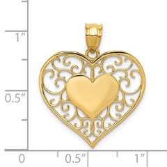 14K Gold Polished Filigree Heart Pendant with Textured Back