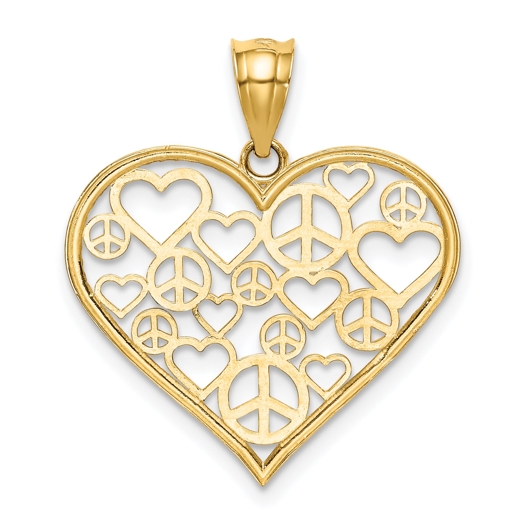 14K Gold Polished Heart Pendant with Peace Sign Design Elegant and Solid