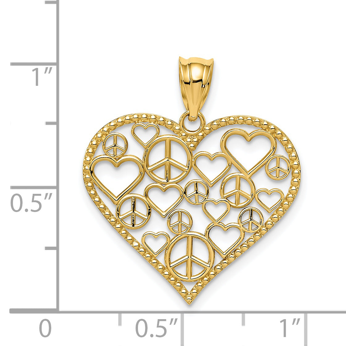14K Gold Polished Heart Pendant with Peace Sign Design Elegant and Solid