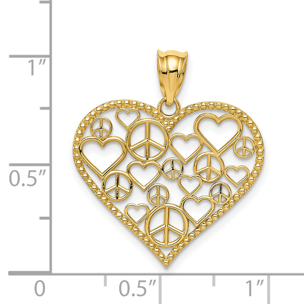 14K Gold Polished Heart Pendant with Peace Sign Design Elegant and Solid