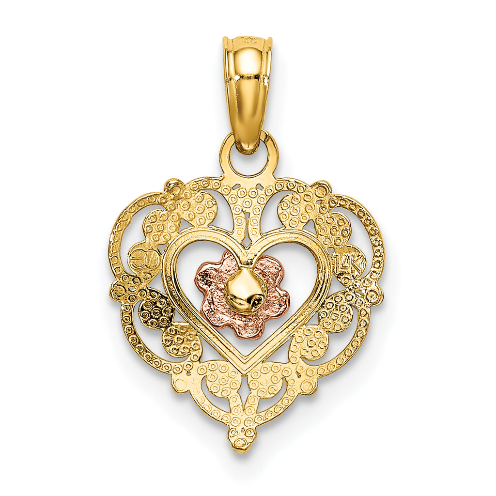 14K Two-Tone Gold Heart Pendant with Polished Flower in Fancy Border
