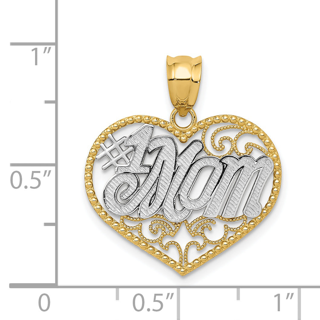 14K Gold and White Rhodium Filigree #1 Mom Heart Pendant  Polished Finish