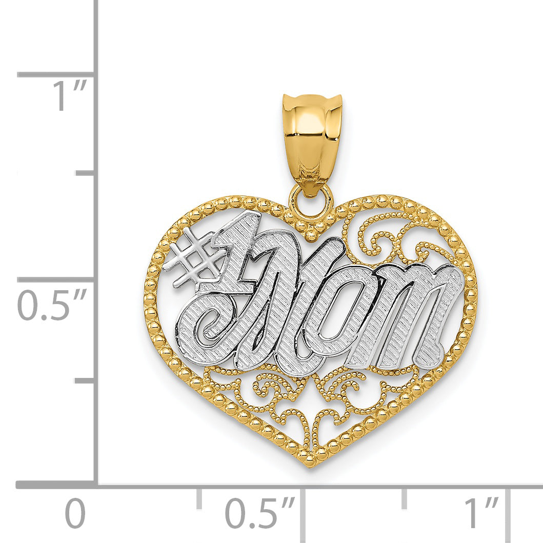 14k and White Rhodium Filigree #1 Mom Heart Pendant