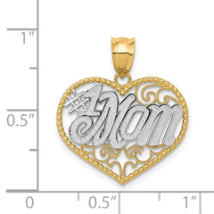 14K Gold and White Rhodium Filigree #1 Mom Heart Pendant  Polished Finish