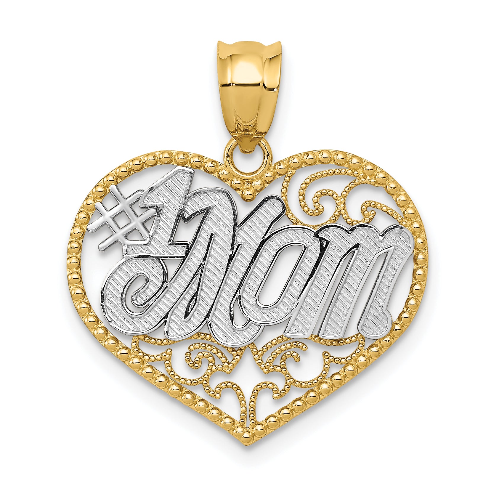14k and White Rhodium Filigree #1 Mom Heart Pendant Main image