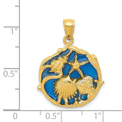 14K Gold Blue Enameled Shell Cluster Pendant with Polished Finish