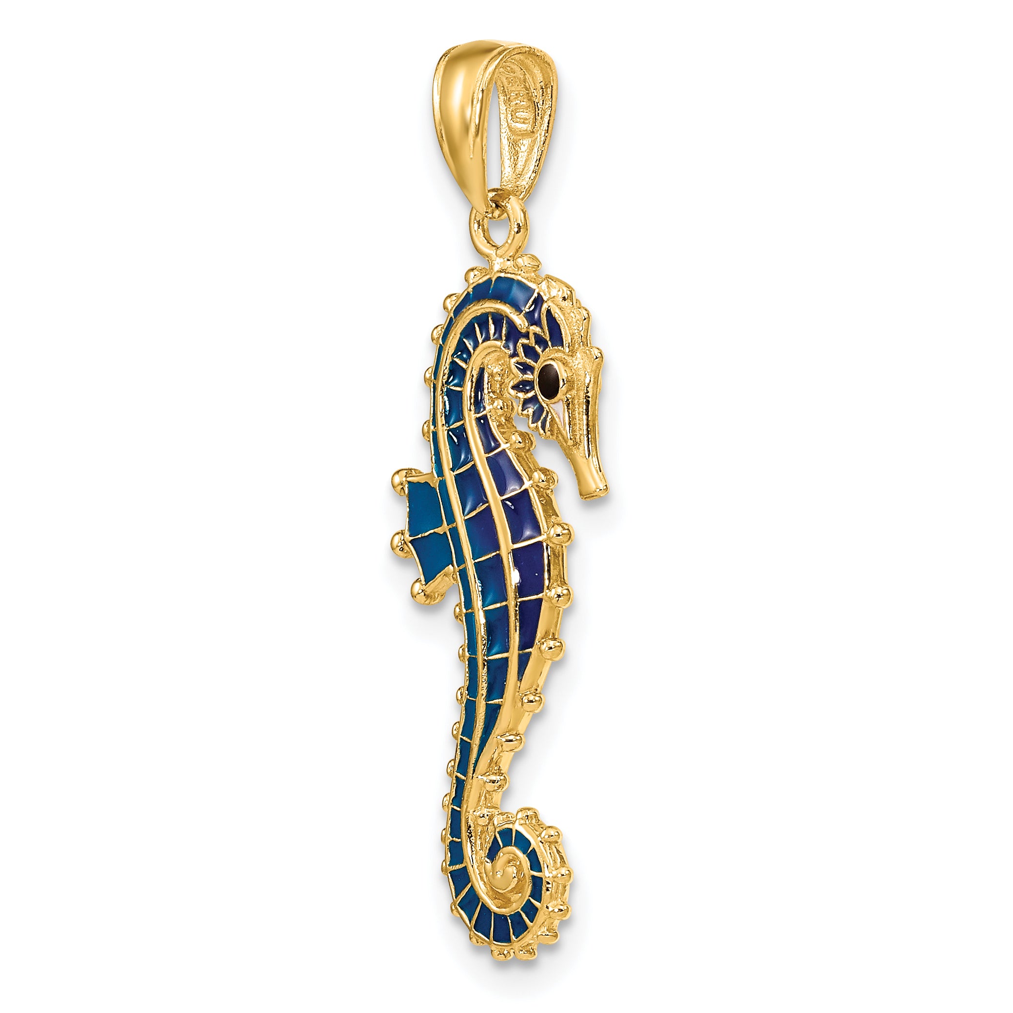 14K Gold 3D Blue Enameled Seahorse Pendant with Polished Finish