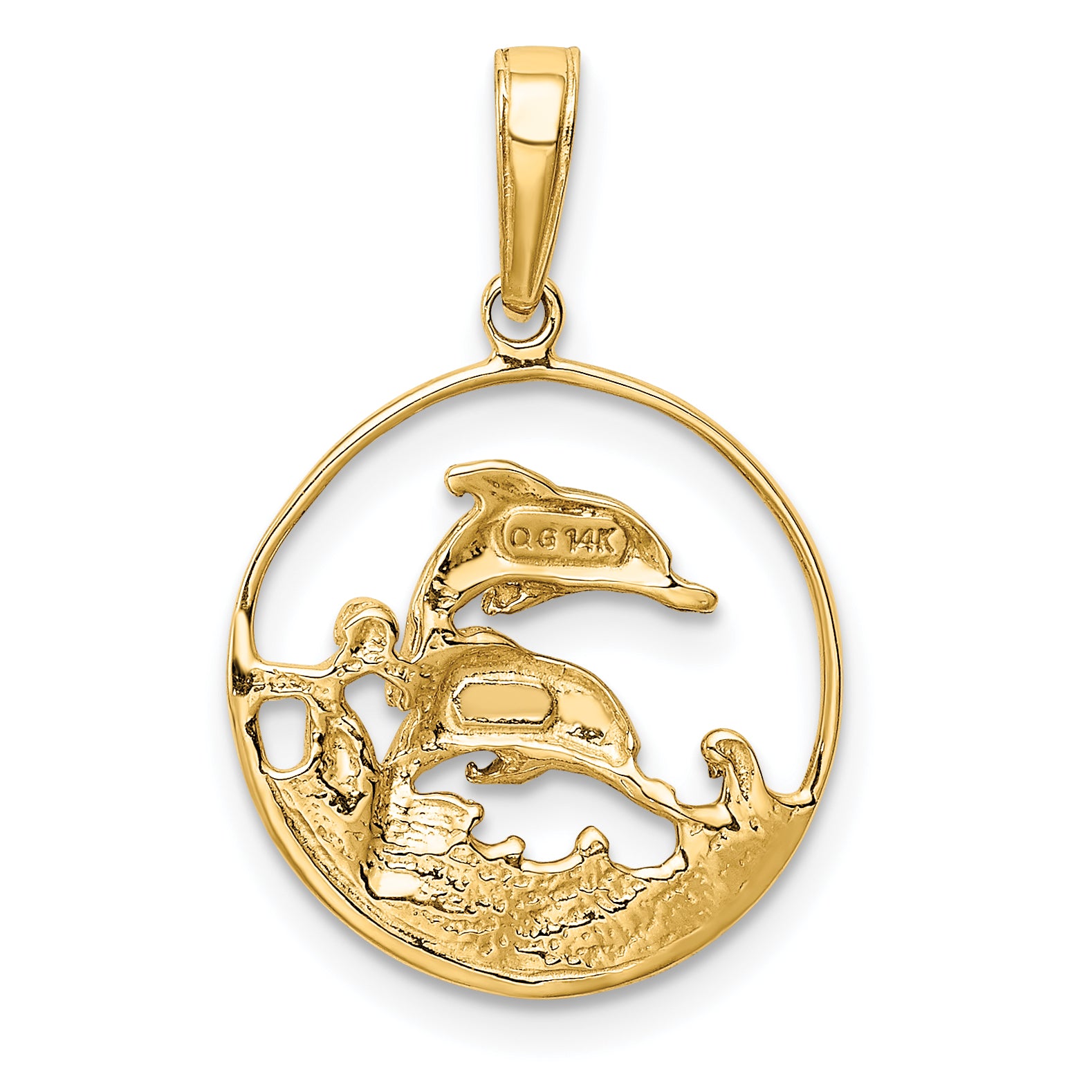 14K and Rhodium Double Dolphins In Circle Pendant