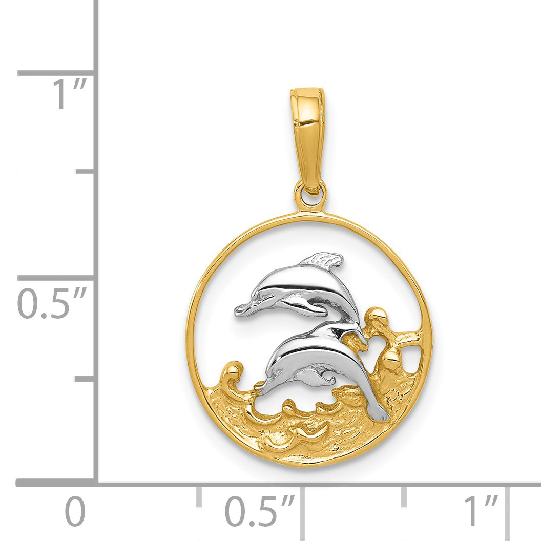 14K Gold and Rhodium Double Dolphin Pendant  Elegant, Casted, Nautical Charm