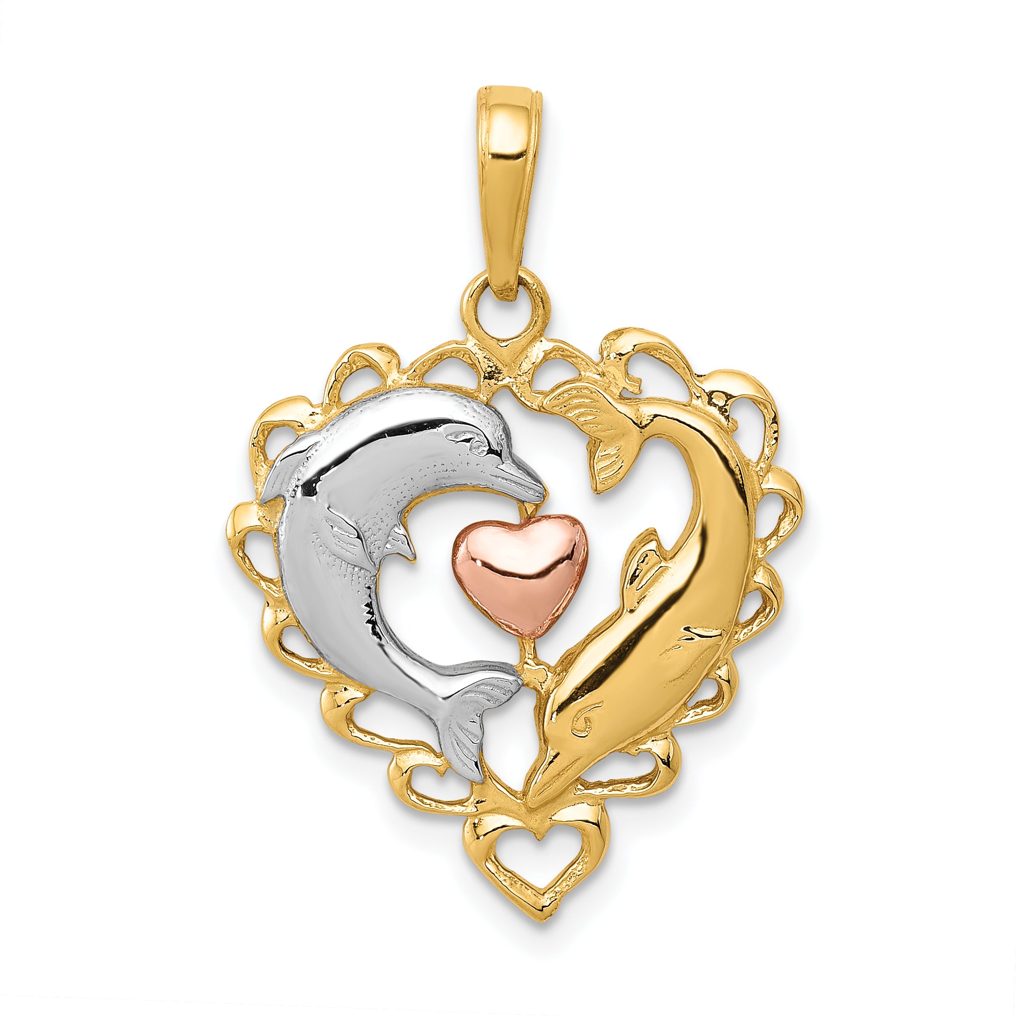 14K Two-Tone w/White Rhodium Dolphins In Heart Pendant Main image