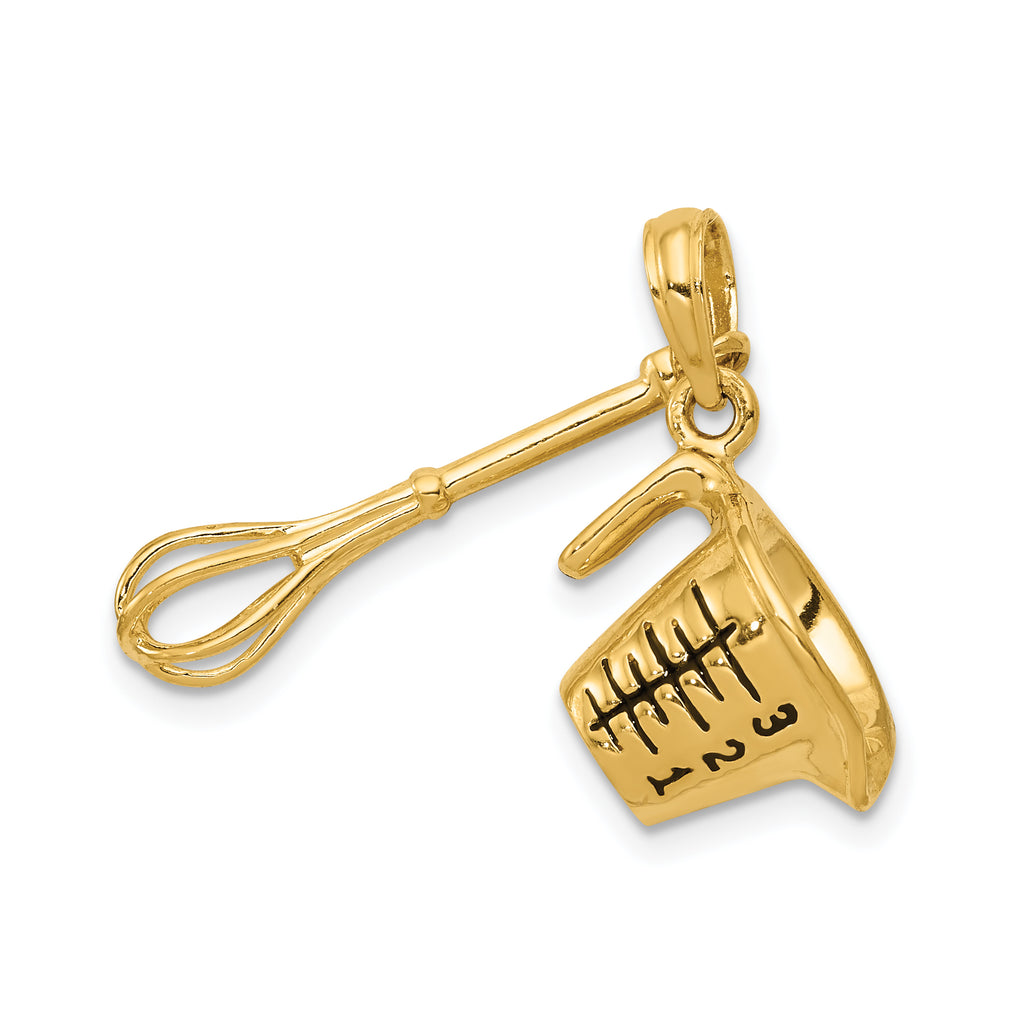 14K Gold 3D Measuring Cup and Whisk Pendant with Black Enamel Finish