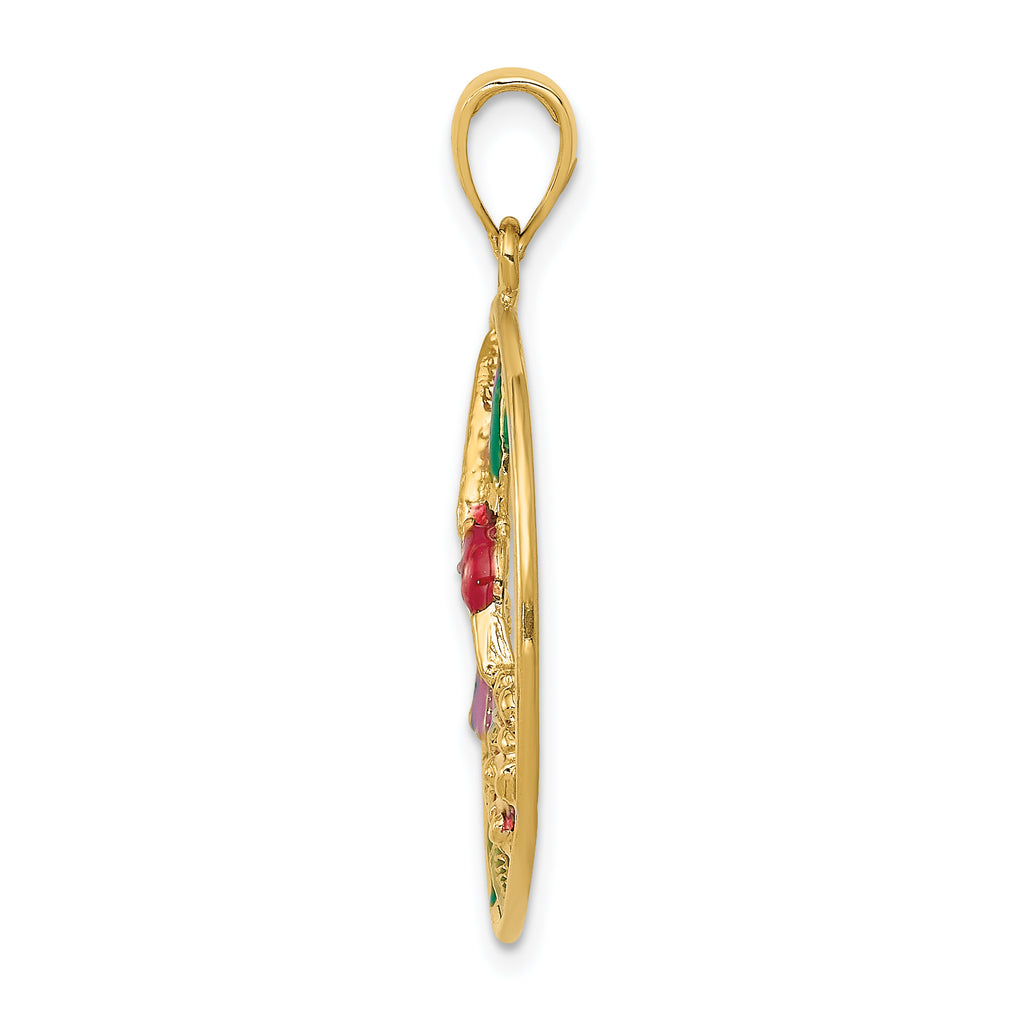 14K Gold Enameled Hummingbird and Flower Pendant with Polished Finish