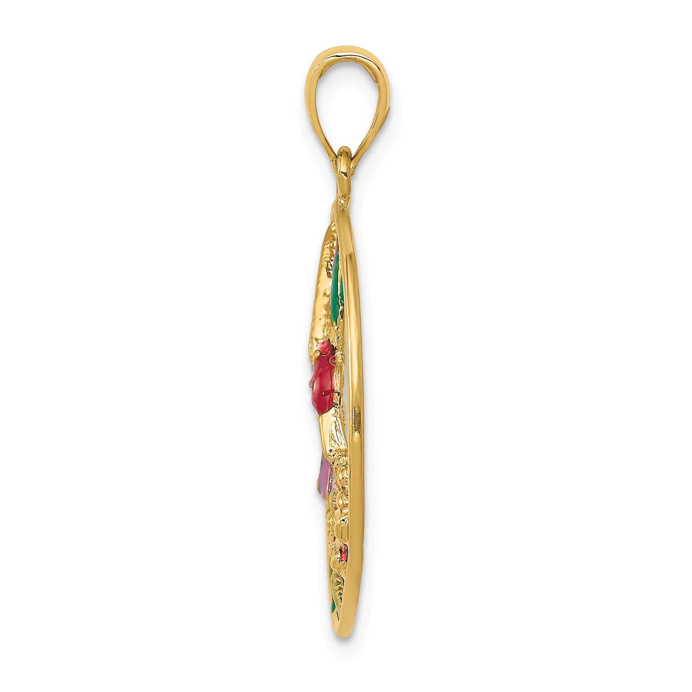 14K Gold Enameled Hummingbird and Flower Pendant with Polished Finish