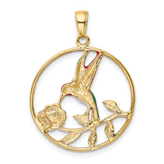 14K Gold Enameled Hummingbird and Flower Pendant with Polished Finish