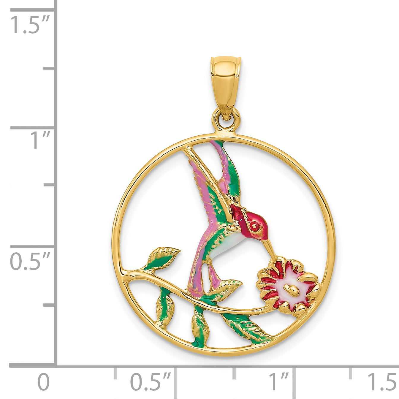14K Gold Enameled Hummingbird and Flower Pendant with Polished Finish