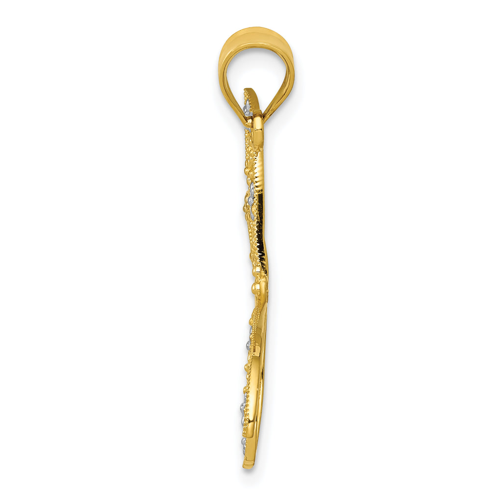 14K Gold and Rhodium Dragonfly Pendant with Filigree Design  Polished Finish