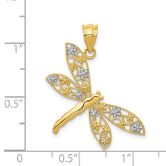 14K Gold and Rhodium Dragonfly Pendant with Filigree Design  Polished Finish