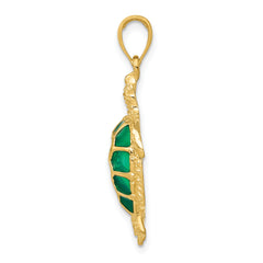 14K Gold Green Enameled Sea Turtle Pendant Polished, Textured, Unique Design