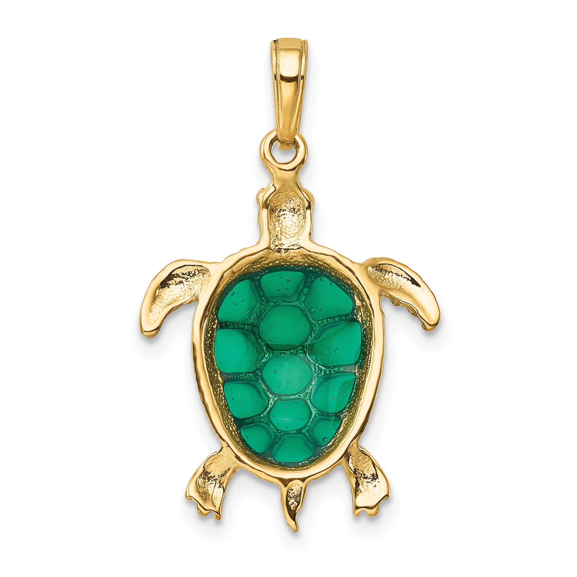 14K Gold Green Enameled Sea Turtle Pendant Polished, Textured, Unique Design