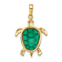 14K Gold Green Enameled Sea Turtle Pendant Polished, Textured, Unique Design