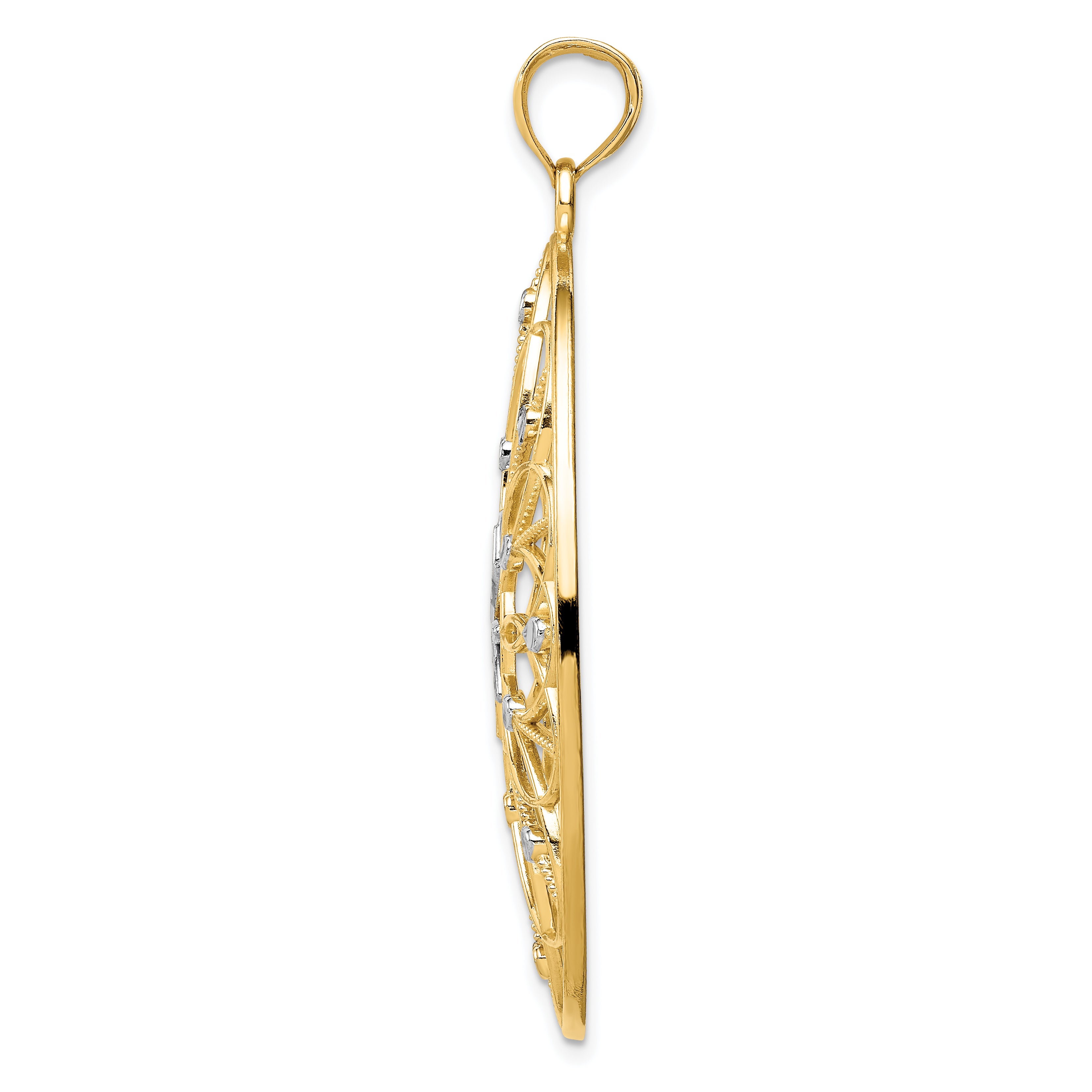 14K Gold Floral Medallion Pendant with Rhodium Accents, Polished Finish