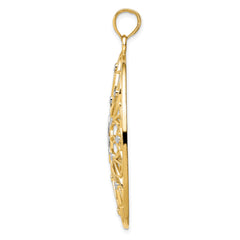14K Gold Floral Medallion Pendant with Rhodium Accents, Polished Finish