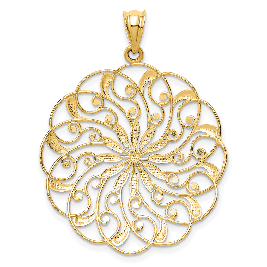 14K Gold Fancy Swirl Pendant with Rhodium Accents and Diamond-Cut Finish