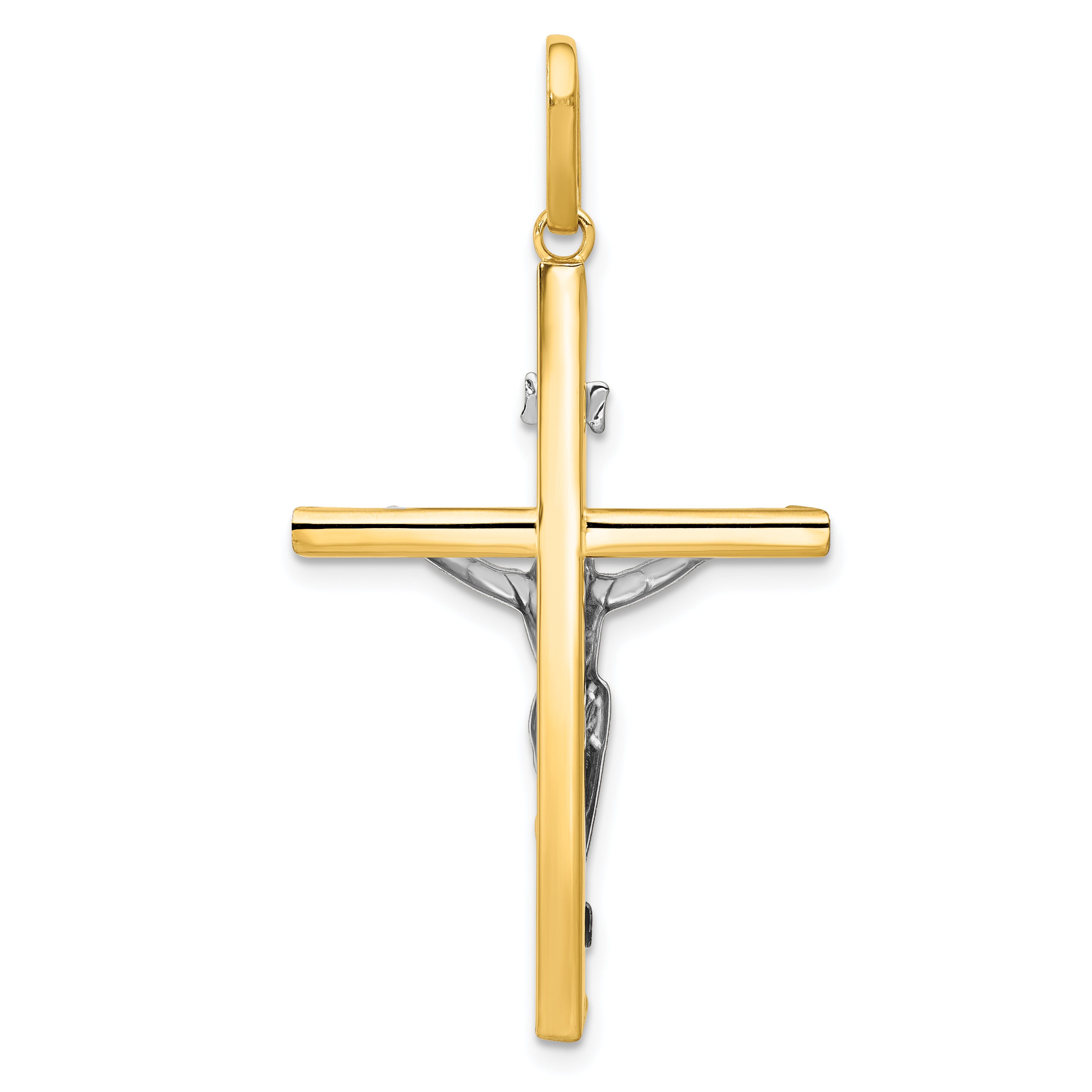 14K Two-Tone Gold Crucifix Pendant Polished Hollow Design Sophisticated Style