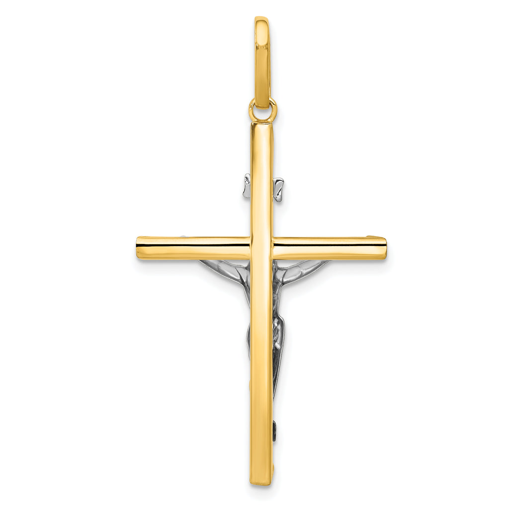 14K Two-Tone Gold Crucifix Pendant Polished Hollow Design Sophisticated Style