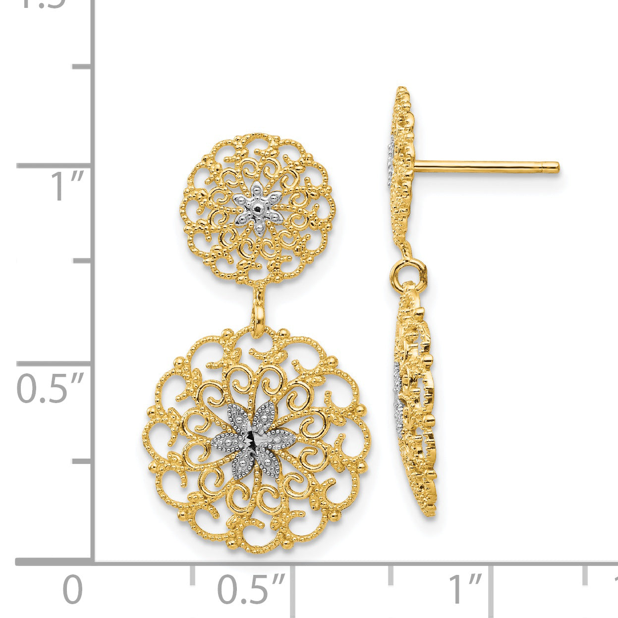 14K Gold & Rhodium Filigree Medallion Drop Earrings  Polished, Diamond-Cut Design