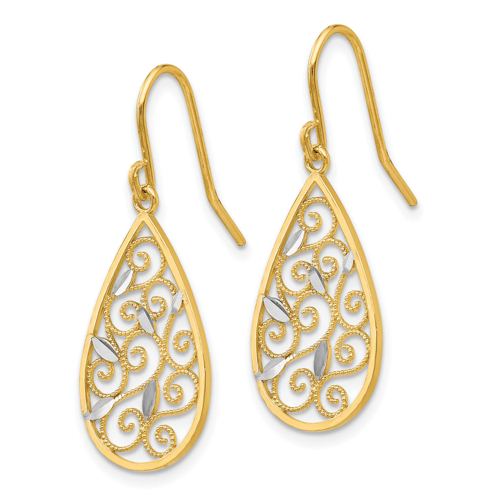 14K White Rhodium Diamond-Cut Filigree Teardrop Gold Earrings  Elegant Dangle Design