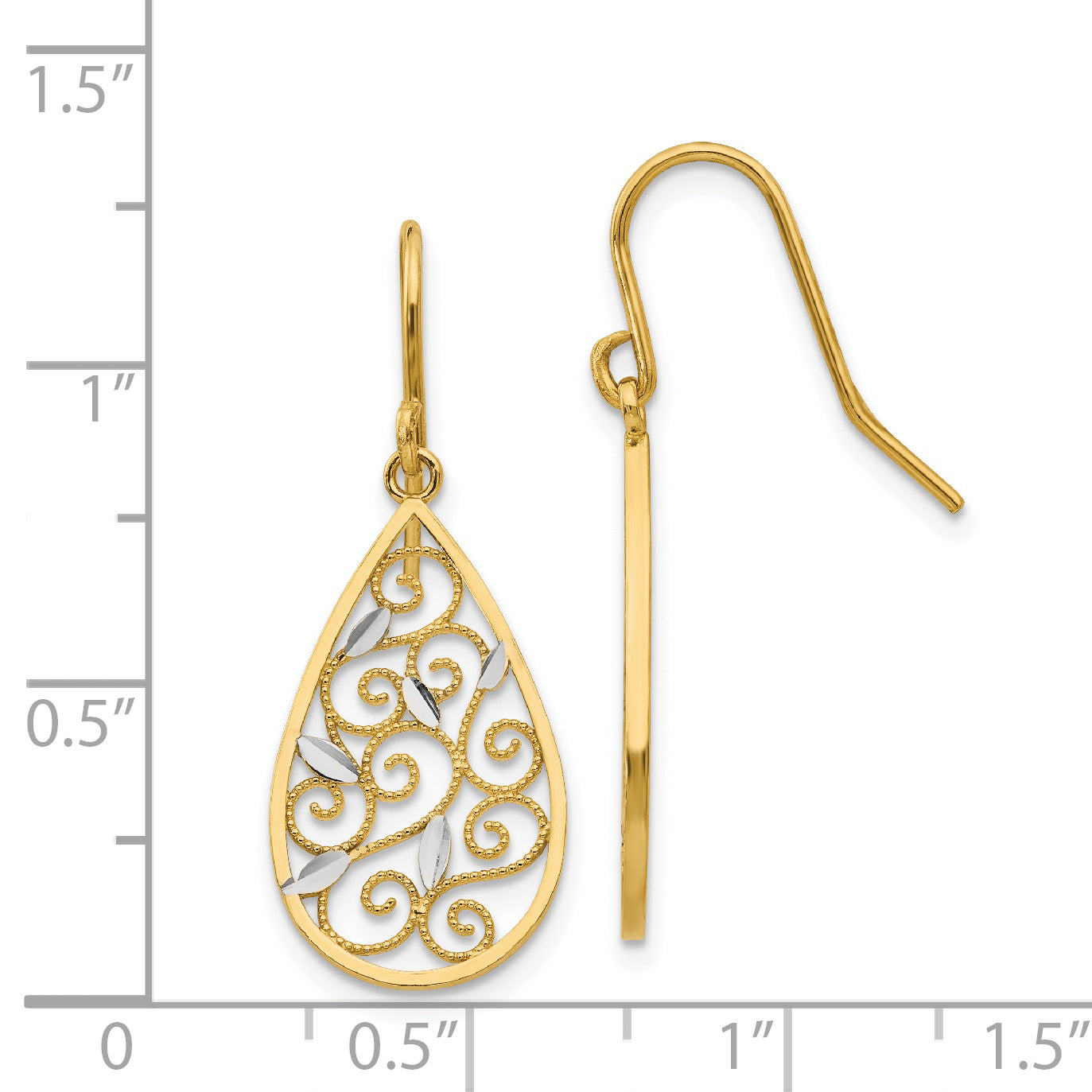 14K White Rhodium Diamond-Cut Filigree Teardrop Gold Earrings  Elegant Dangle Design