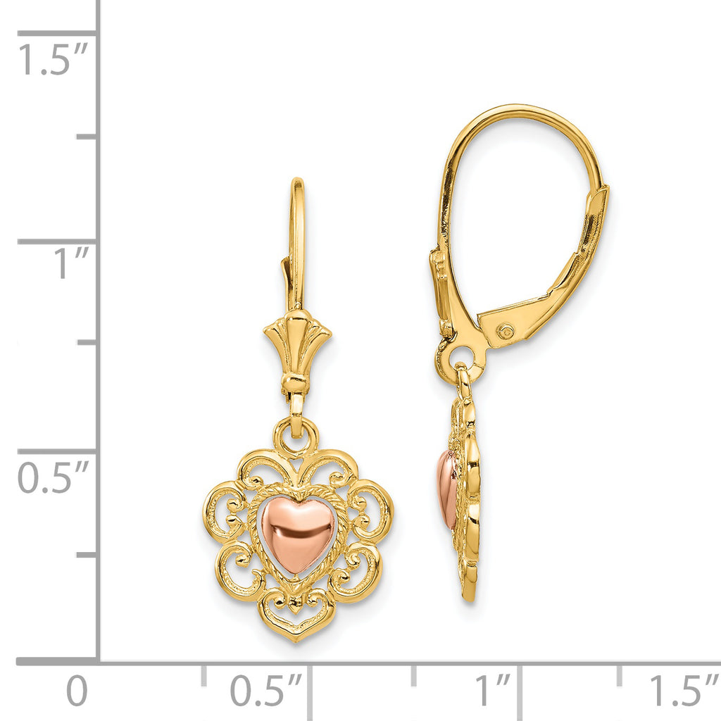 14K Two-Tone Gold Heart Leverback Earrings with Lace Trim, Polished Finish