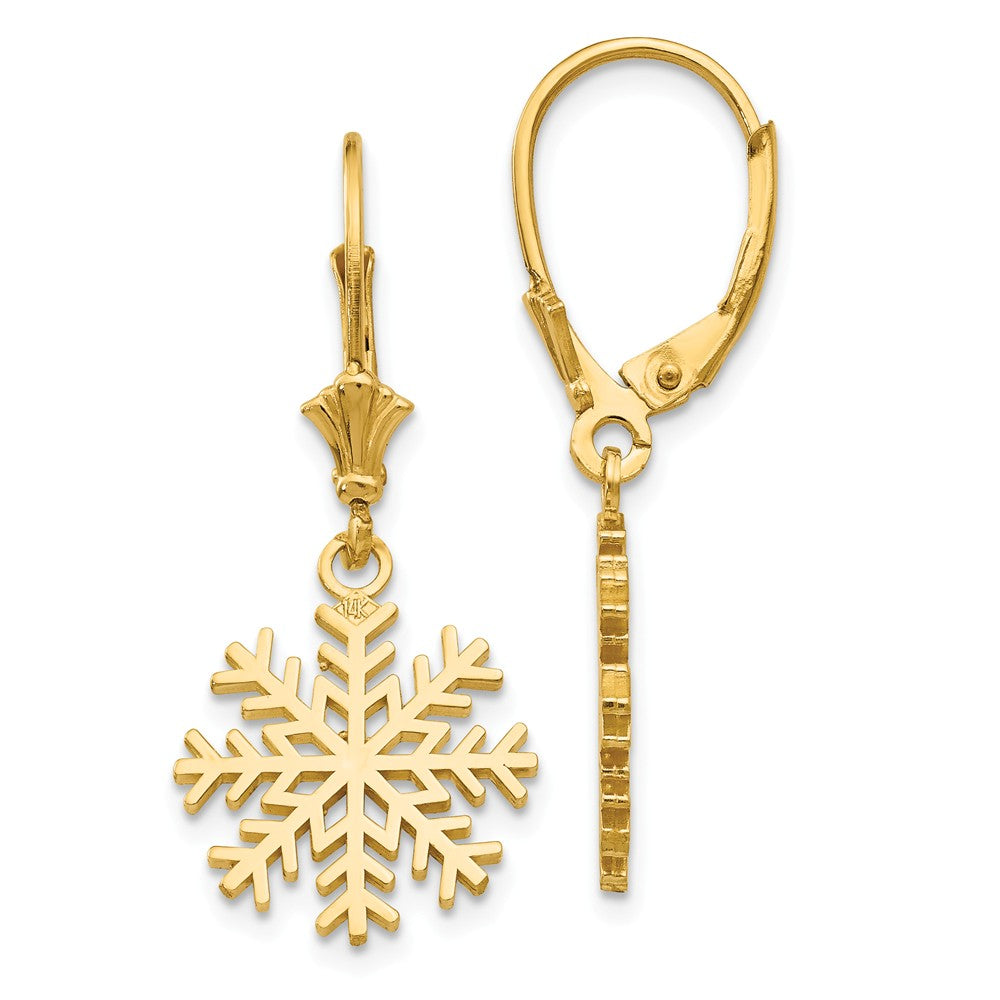 14K Gold Snowflake Drop Earrings with Leverback Closure Elegant Design