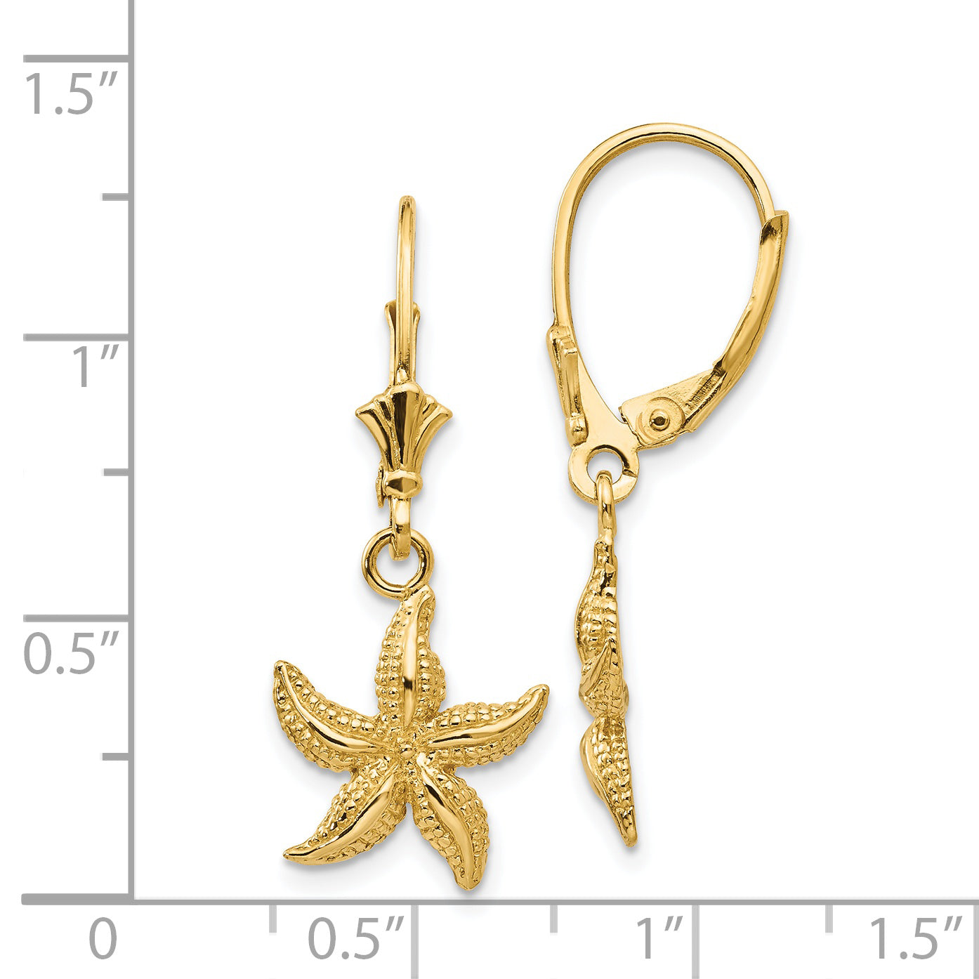 14K Gold Starfish Leverback Earrings with Polished Finish Elegant Dangle Style