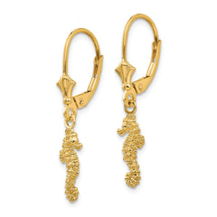 14K Gold Seahorse Leverback Earrings with Solid Cast Design, 31mm Dangle