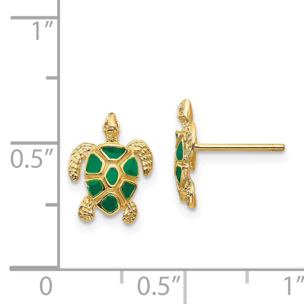 14K Gold Green Enameled Sea Turtle Earrings  Polished and Elegant Design