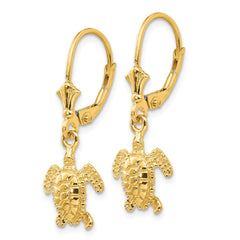 14K Gold Polished Sea Turtle Leverback Earrings  Elegant, 3D Design