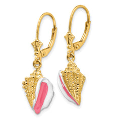 14K Gold Enameled Conch Shell Leverback Earrings with Polished Finish