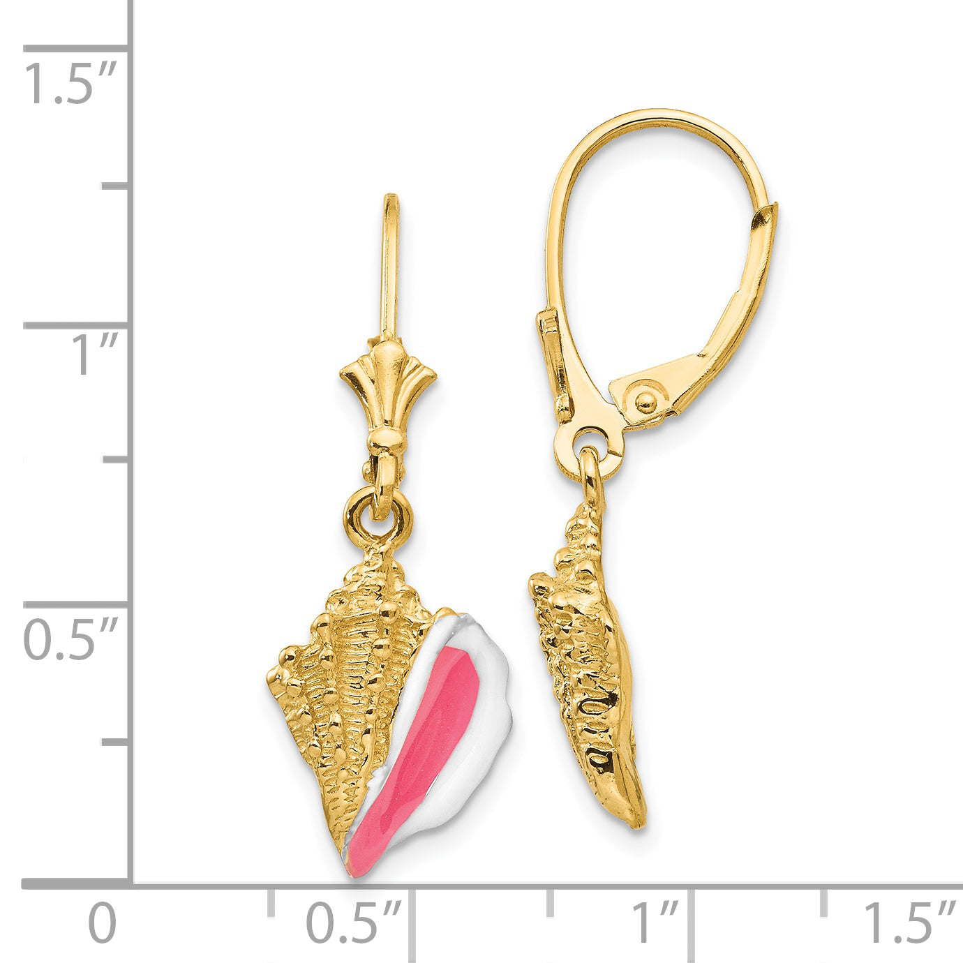 14K Gold Enameled Conch Shell Leverback Earrings with Polished Finish