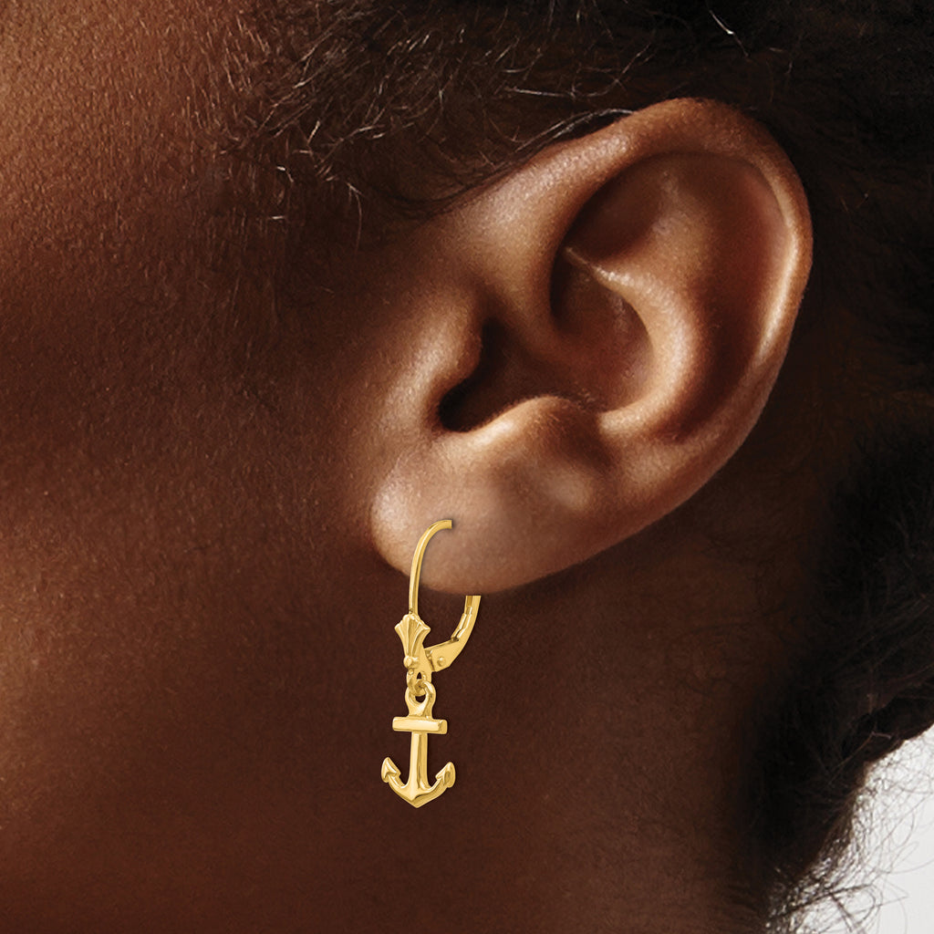 14K Gold Mini Anchor Leverback Earrings with Polished Finish for Women