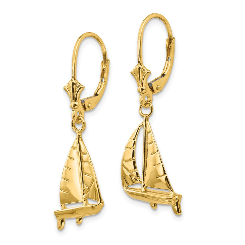 14K Gold 3-D Sailboat Leverback Drop Earrings  Elegant Nautical Design
