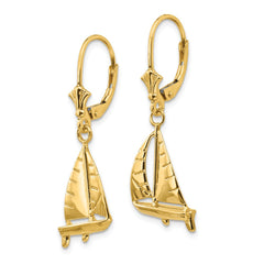 14K Gold 3-D Sailboat Leverback Drop Earrings  Elegant Nautical Design