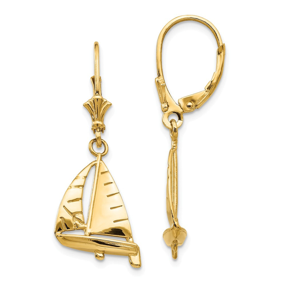 14K Gold 3-D Sailboat Leverback Drop Earrings  Elegant Nautical Design