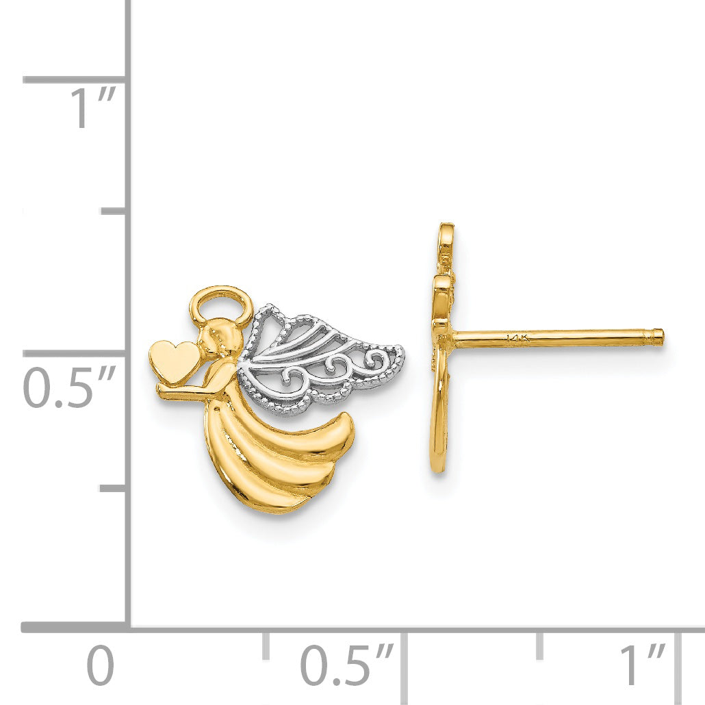 14K Gold Rhodium-Plated Angel Earrings with Heart  Polished, Women's Post