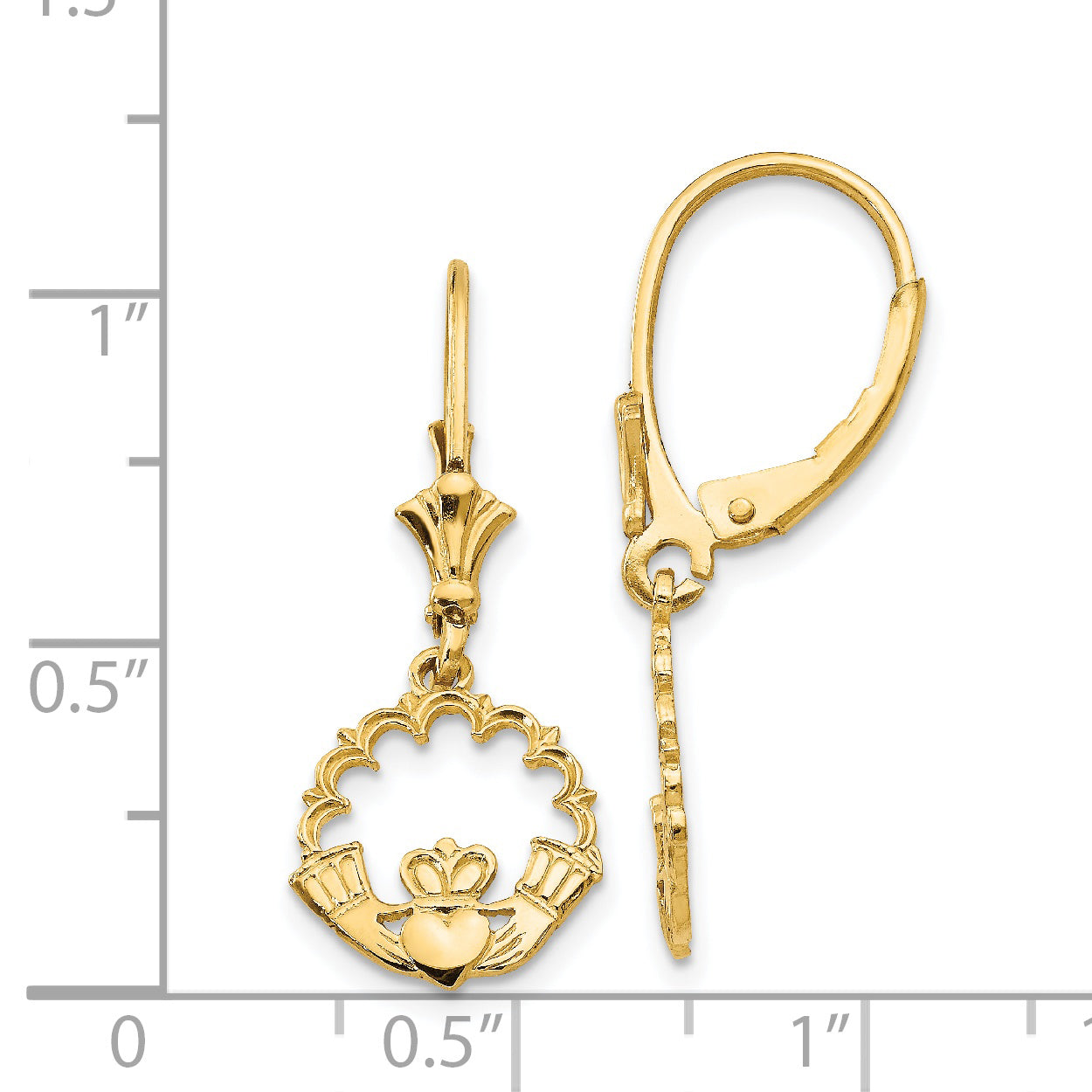14K Gold Claddagh Drop Earrings with Polished Leverback Closure.
