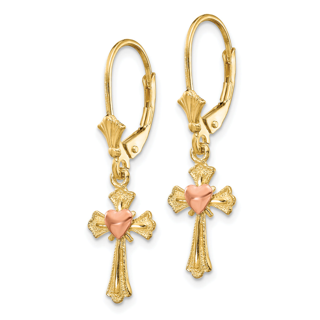 14K Two-Tone Gold Heart on Cross Leverback Earrings  Elegant Polished Design for Women