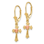 14K Two-Tone Gold Heart on Cross Leverback Earrings  Elegant Polished Design for Women